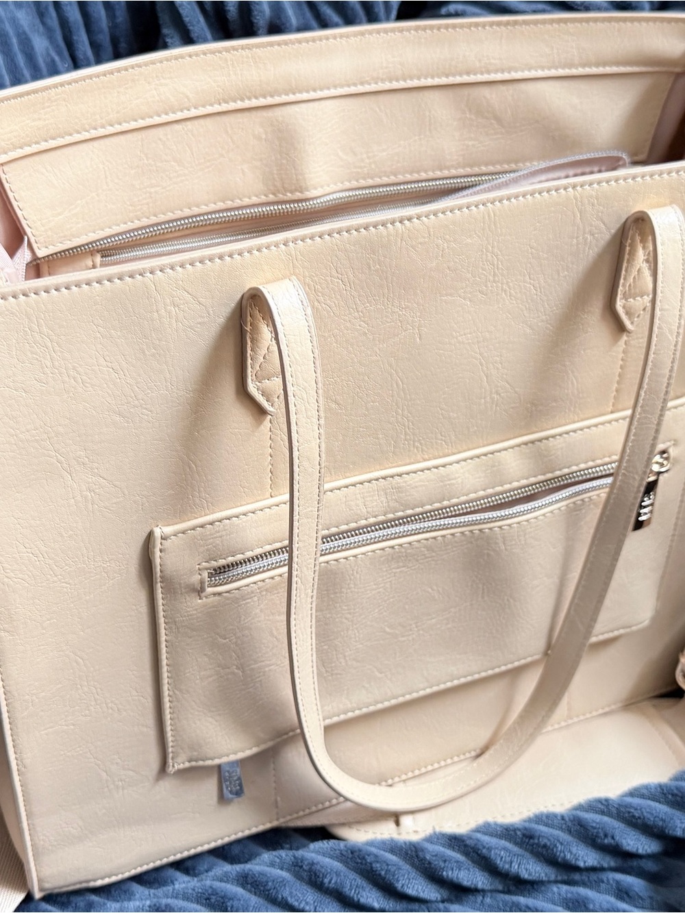 BEIS Cream Laptop Tote with Front Zip Pocket